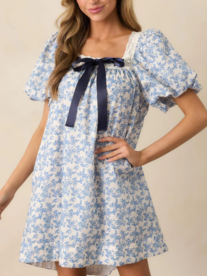 Women's Puff Sleeve Lace Trim Floral Mini Dress