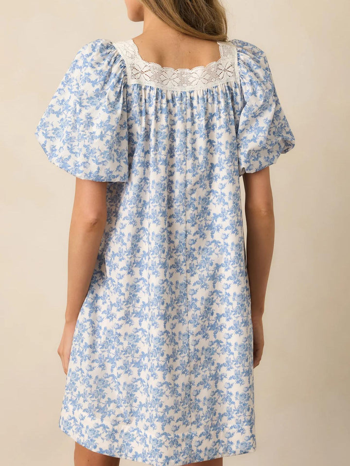 Women's Puff Sleeve Lace Trim Floral Mini Dress