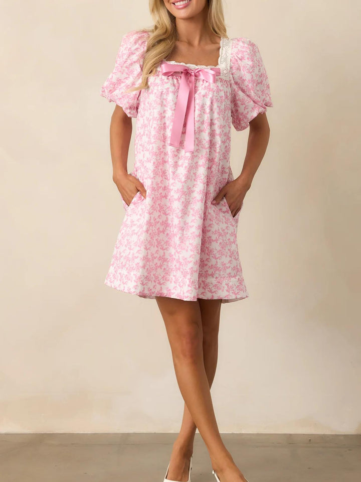 Women's Puff Sleeve Lace Trim Floral Mini Dress